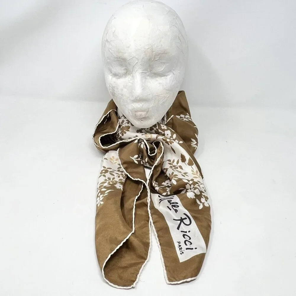 Melle Ricci Square Scarf 100% Silk Brown‎ Cream Gold Floral Bandanna 31